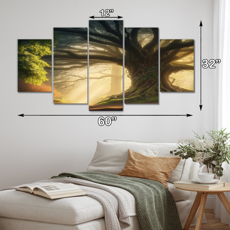 Soleil à travers les branches de l'arbre majestueux - Forest Wall Art Living Room - 5 panneaux