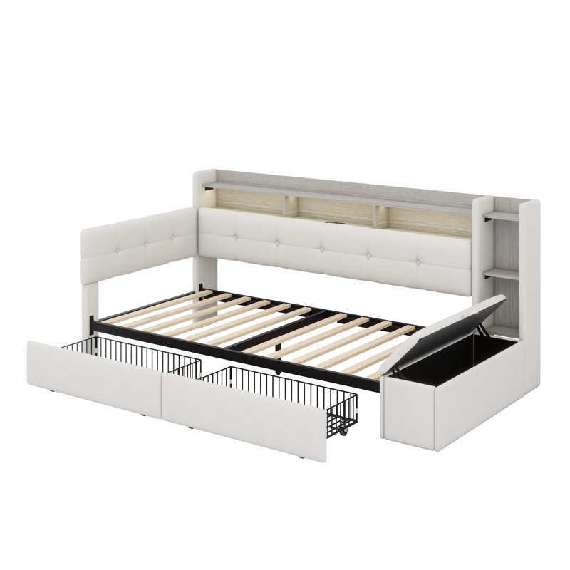 Modern Daybed with Integrated Storage, Lights & Charging Ports, Beige
