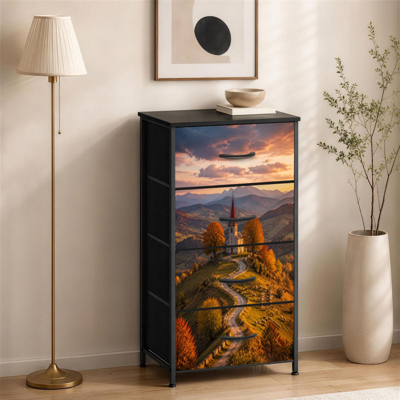 Commode à 4 tiroirs pour la chambre à coucher Église d'automne à sommet perché entourée d'arbres d'automne