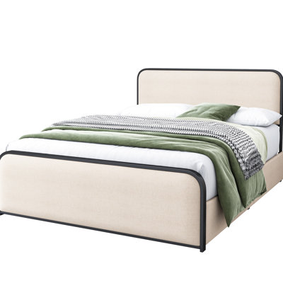King Size Modern Bed Frame With Curved Upholstered Headboard And , 4 Under - Drawers, Beige Upholstered, Easy Assembly Metal Headboard, Storage Heavy Duty Slats, Safe Round Edges