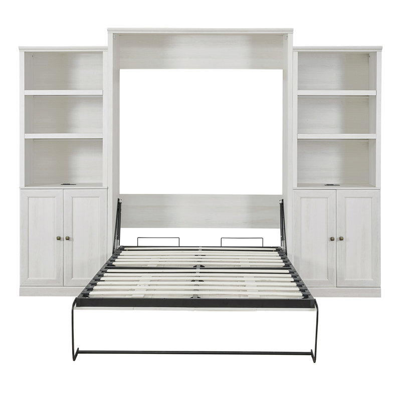 Lit escamotable moderne avec 2 armoires latérales pour petites chambres et chambres d'amis, Blanc rustique, Grand lit