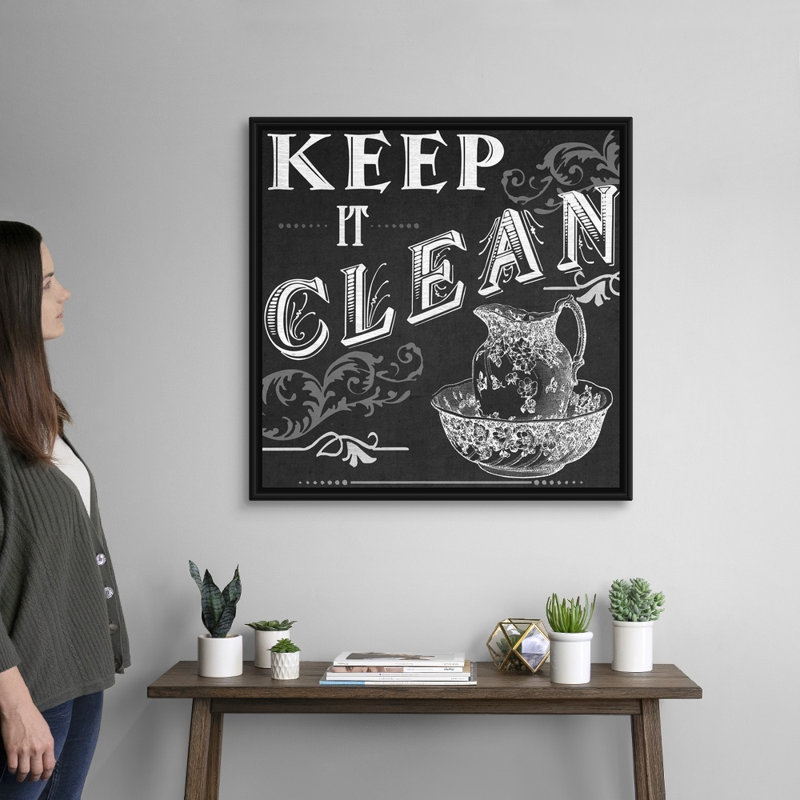 «Chalkboard Bath Signs IV», reproduction d'impression sur toile, Cadre flottant noir, H 31,7 po x l 31,7 po x P 1,75 po