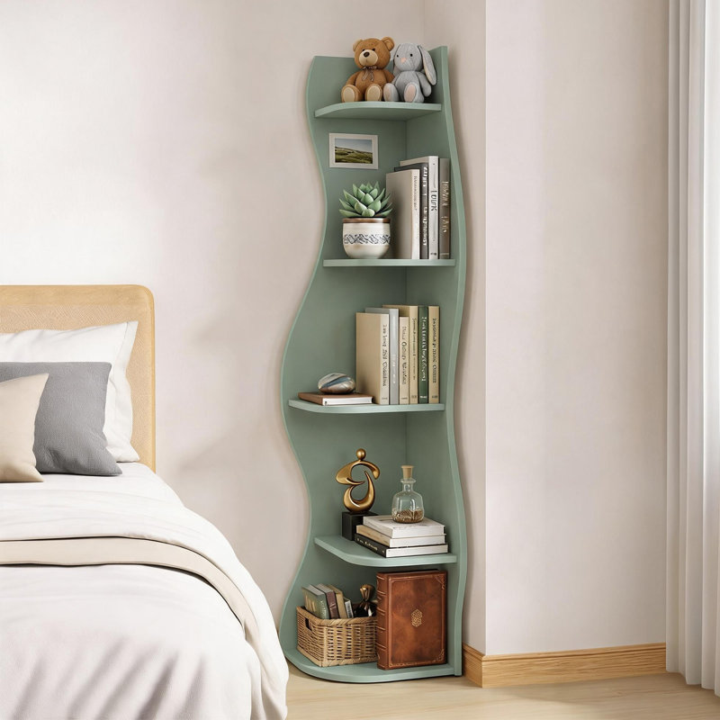 Bibliothèque d'angle à 5 niveaux en forme de S, présentoir courbé autoportant pour salon, chambre, salle de bain, bureau à domicile