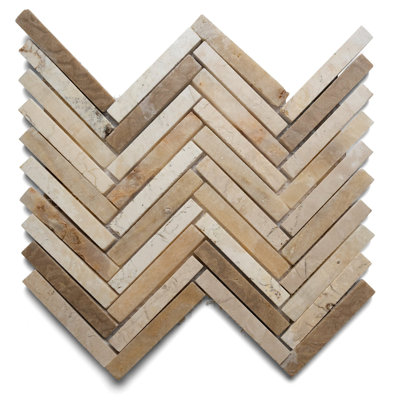 CNK Tile Small Chevron Mosaic Pebble Tile In White Onyx & Sunset Natural Stone Mesh-Backed Tile Sheets For Bathroom - 12" X 12"