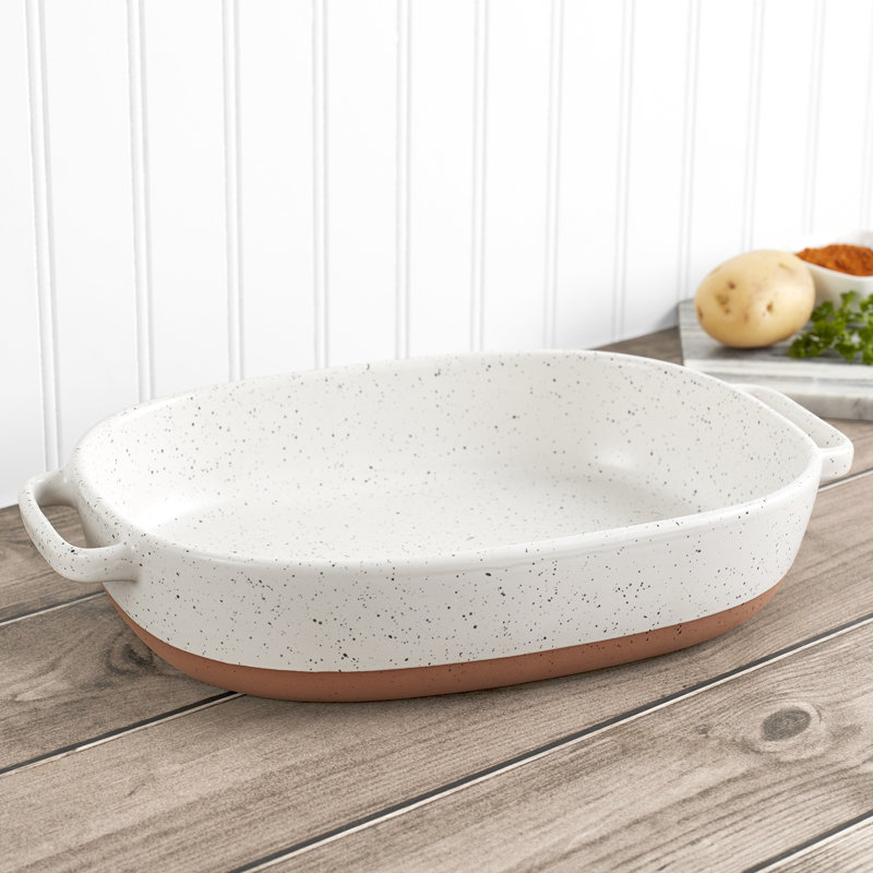 Speckled White Stoneware Oval Baking Dish with Handles