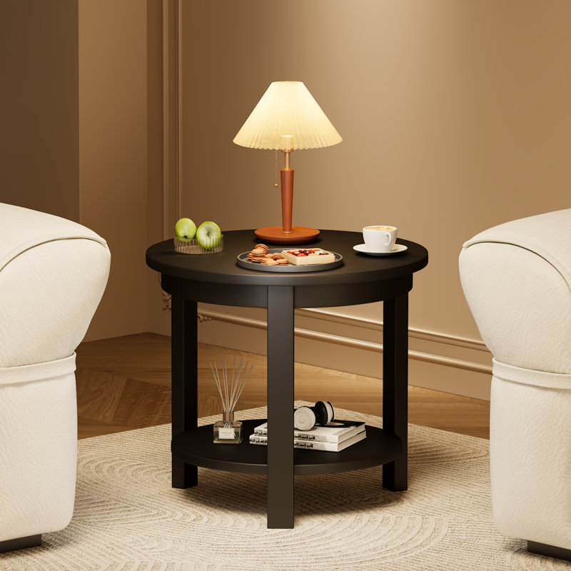 Table de bout ronde en bois massif avec tablette de rangement, l 22 po x H 20 po, table basse / de bout / d'appoint en bois de style Mid-Century moderne pour le salon de la chambre à coucher, noir