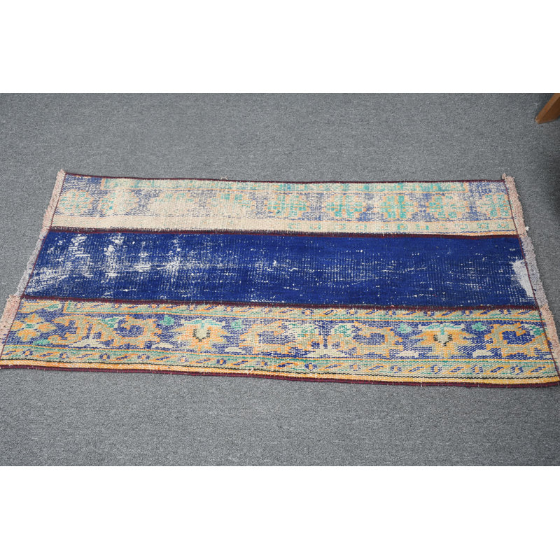 Blue Handwoven Vintage Turkish Rug for Bohemian Home Decor - Small Wool Area Rug as an Anatolian Floor Mat