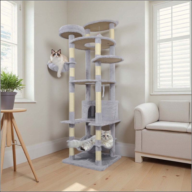 Tour pour arbre à chat avec base large, grand condo, 12 poteaux à griffer en sisal, grand hamac, plateforme supérieure, perchoir et jouet interactif