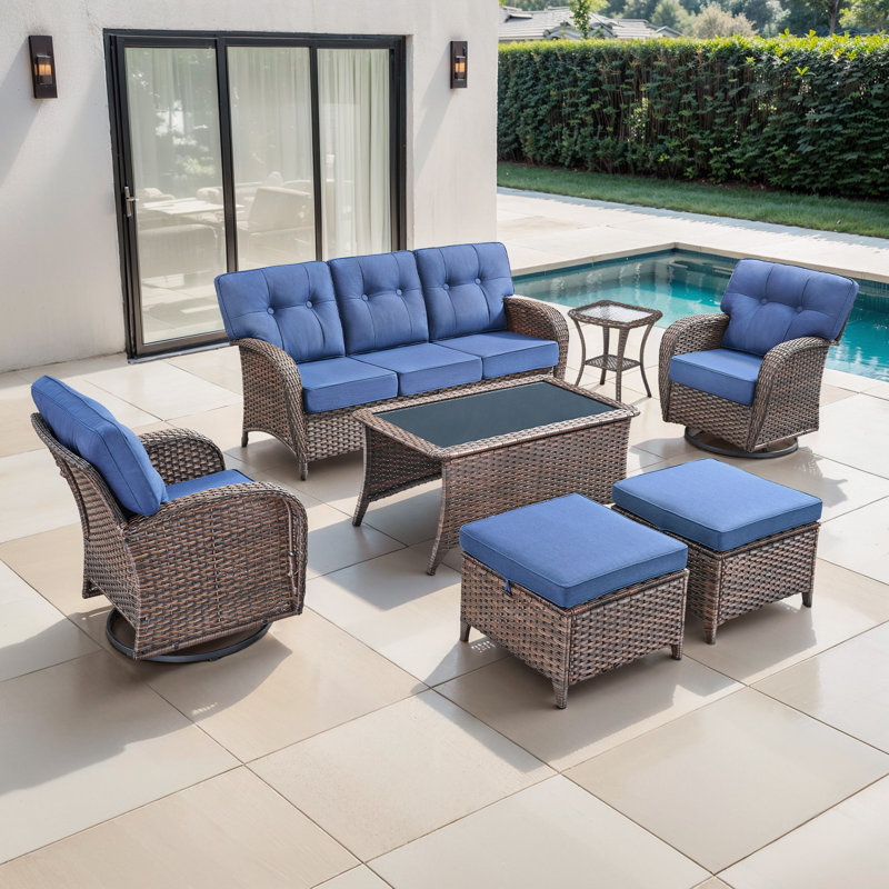 Agnes 5 Person Outdoor Wicker Patio T-Back Cushions Conversation Furniture With Ottomans, Blue