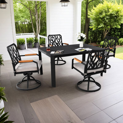 5 chaises d'extérieur en aluminium pour le confort 5 pièces, 4 chaises berçantes pivotantes avec 360 degrés et à bascule, coussins, fabrication de table rectangulaire, invités de style moderne, chaises, surface lisse,