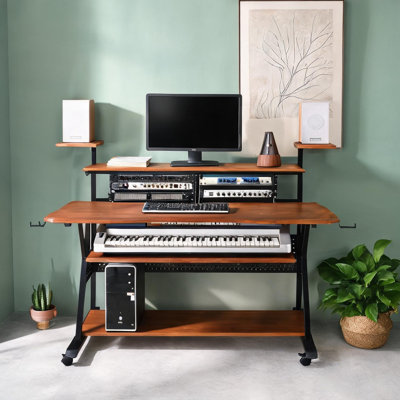 Music Studio Desk with Speaker Shelves Keyboard Tray, 67-Inch Wide, Cherry Black Finish, Rectangular Workstation for Audio Production