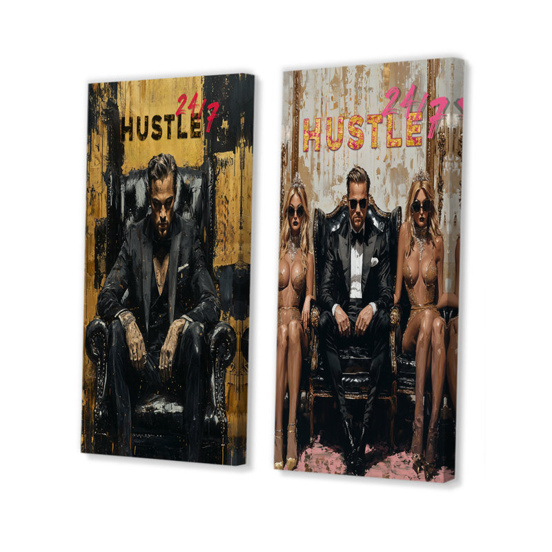 Loup Wall Street Hustle Motiviation I - ensemble d'art mural loup de Wall Street 2 pièces, H 40 po x l 40 po, Toile tendue