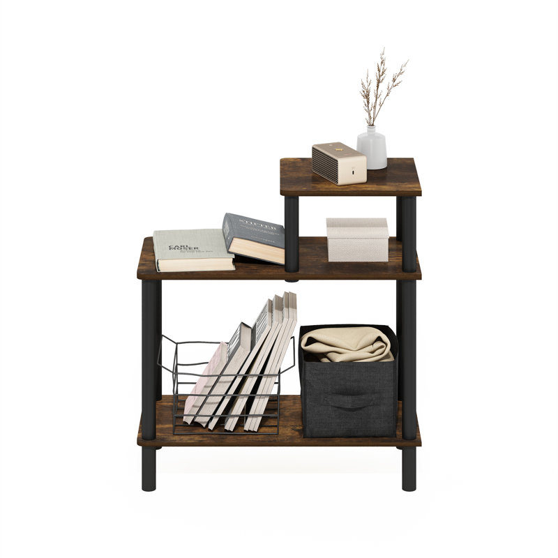 Creekside 3-Tier Rectangular Sofa Side Table, End Table with Open Shelves, Amber Pine/Black