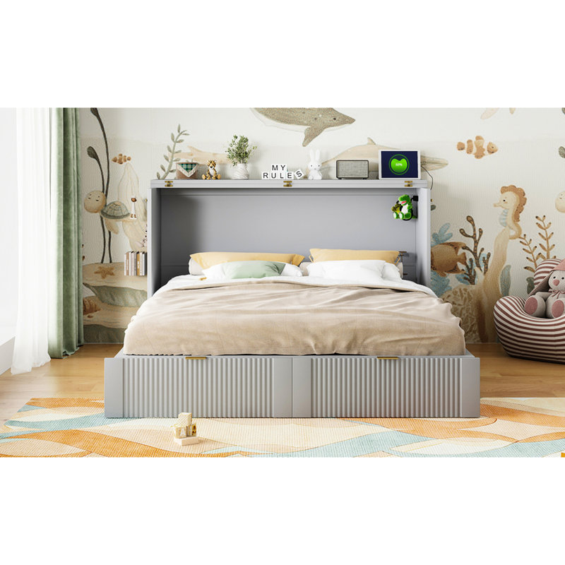 Lit double de couleur grise avec tiroir pratique pour une utilisation intelligente de l'espace, Lit double, Gris