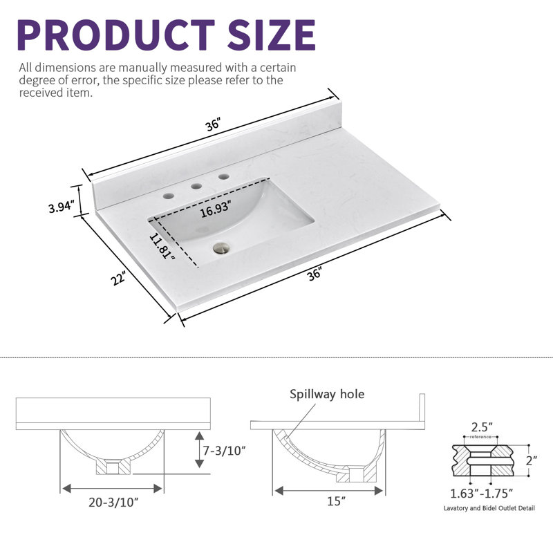 Plateau de meuble-lavabo simple 36 po en marbre avec lavabo 36 po - Pour remplacement de meuble-lavabo, sans armoire