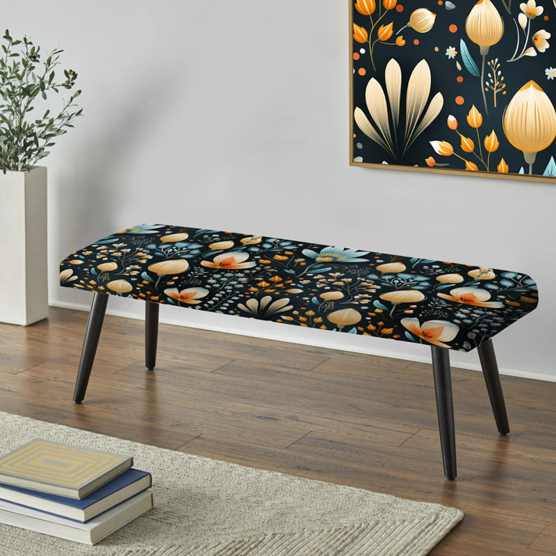 Banc noir rembourré Botanical, Black And Beige Vintage Romance Floral Pattern