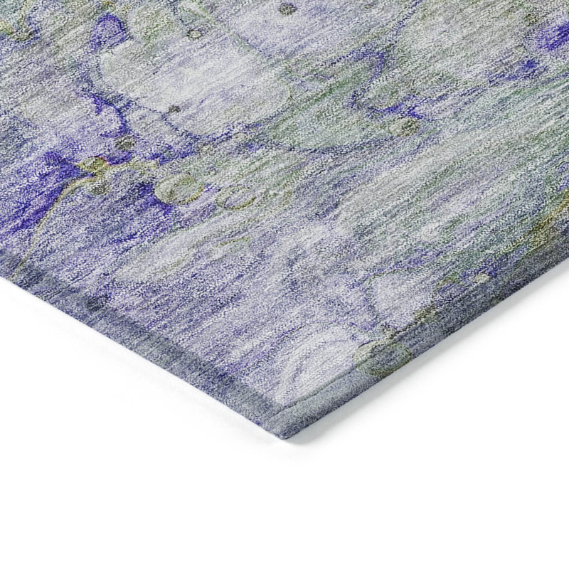 3' X 5' Artichoke Green Purple And Lilac Abstract Washable Indoor Outdoor Area Rug
