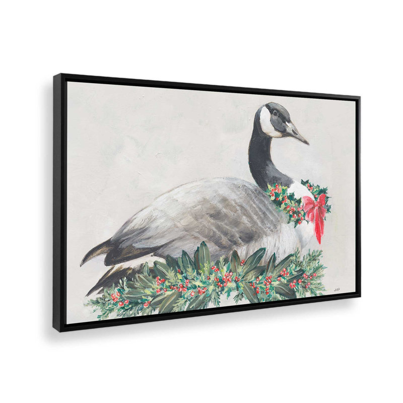«Christmas Goose» par Julia Purinton, reproduction d'art sur toile, H 24 po x l 32 po, Cadre flottant, Noir