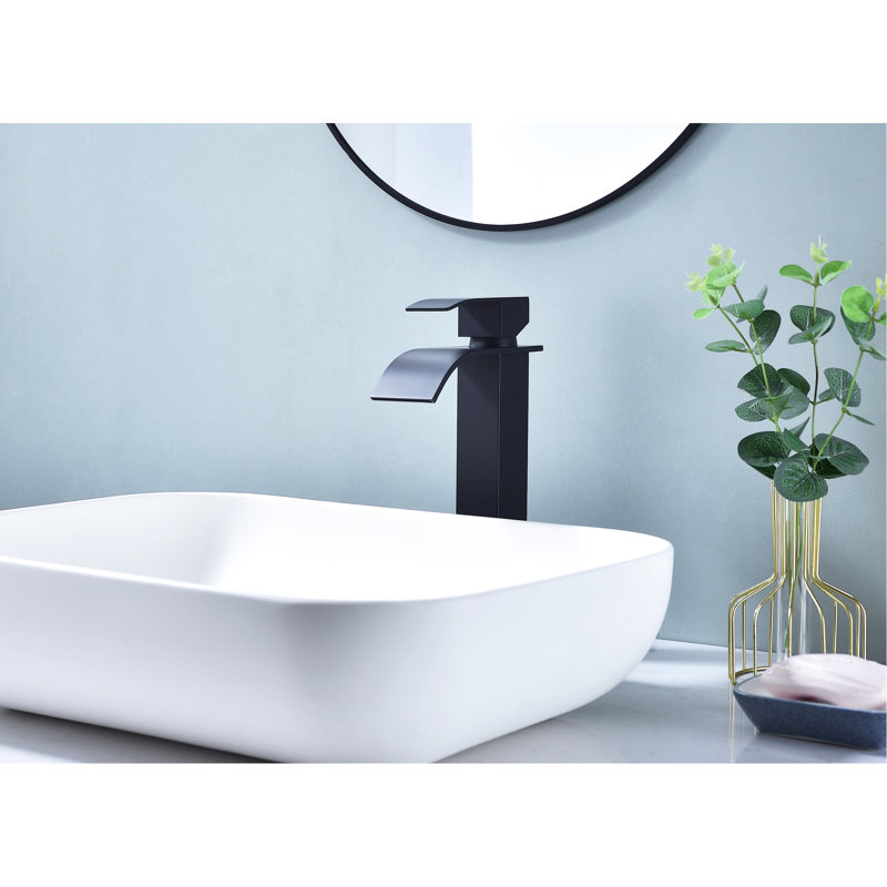 Robinet de salle de bain noir mat à cascade, commande à une poignée, acier inoxydable avec bonde escamotable sans trop-plein