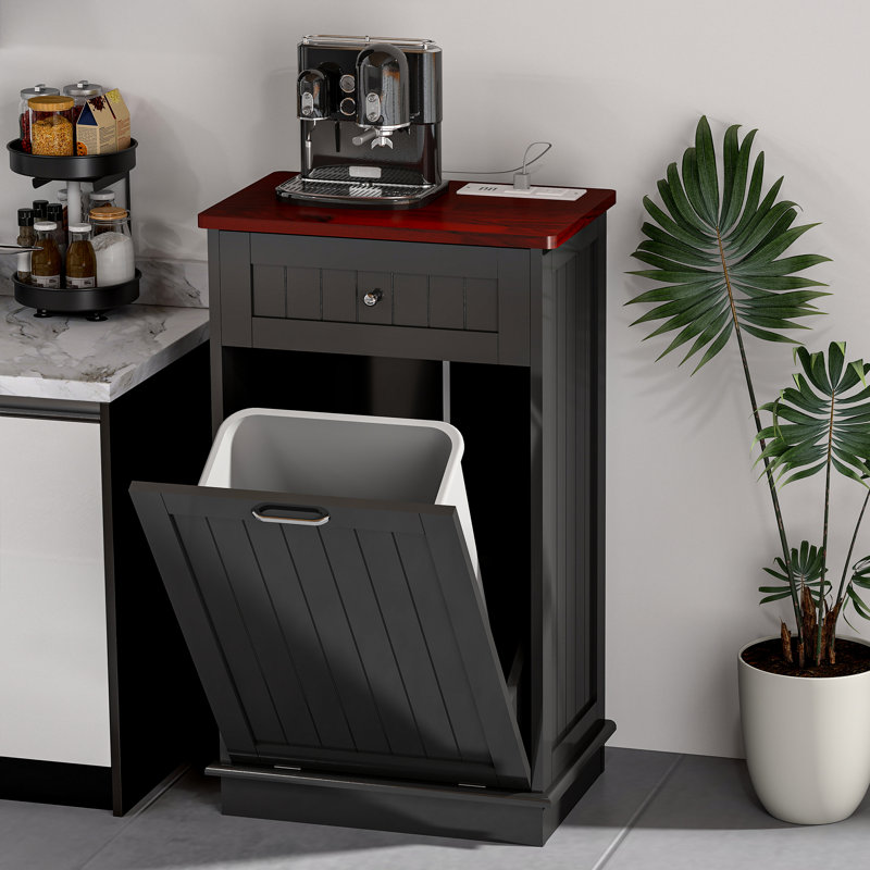 Armoire à ordures à double inclinaison avec prise de courant, Noir/noyer