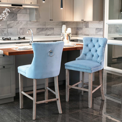 Modern Velvet Upholstered Bar Chairs With Button Decoration, Nailhead Trim, Of 2 ( Blue Contemporary Tufting, Foam Cushion,