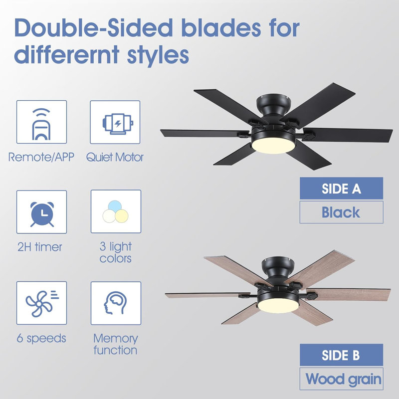 46/52"  Indoor Flush Mount Ceiling Fan 6-Blade with Lights and Remote Modern 3 Colors 6 Speeds Low Profile Reversible DC Motor