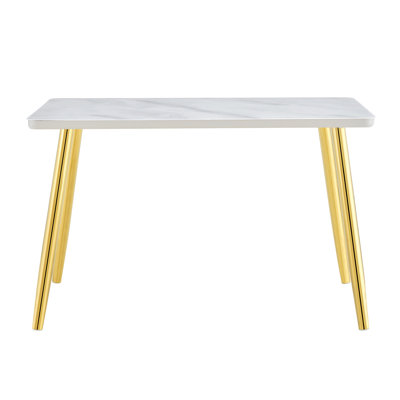 Modern 4-6 Person Rectangular Dining Table, Faux Marble Tempered Glass Top Kitchen Table With Gold Metal Tapered Legs, Glam Minimalist Dinner Table