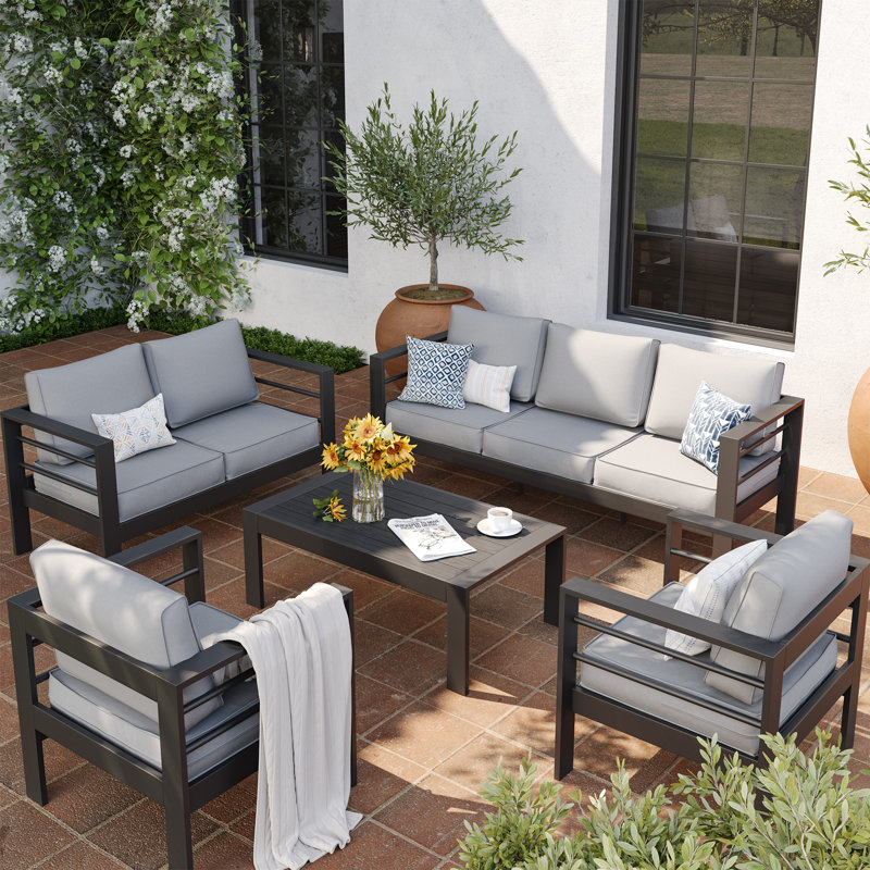 Braecona 7-Person Outdoor Seating Set With Cushions, Dark Gray Frame/Light Gray Cushion