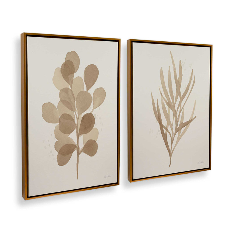 Tan Leaf Impressions Set of 2, 31" H x 42" W, Polished Gold Floater Framed