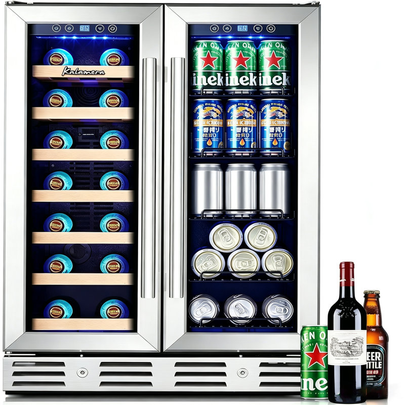 Réfrigérateur à vin et boissons Kalamera 23,4 po à double zone, 20 bouteilles / 78 canettes, porte française, verrouillage de sécurité, éclairage DEL, encastré sous comptoir ou pose libre pour bar ou cuisine.