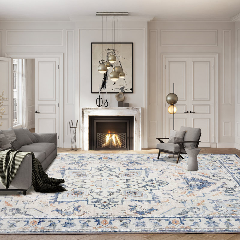 Tapis de 6 pi x 9 pi lavable à la machine - Tapis en laine synthétique ultra doux à poils courts avec envers antidérapant et design rétro, résistant aux taches pour le salon, la chambre à coucher et la salle à manger
