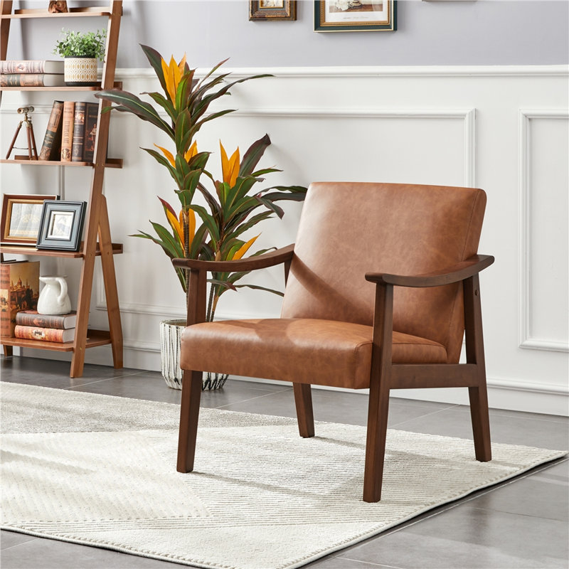 Faux Leather Accent Chair (Flat Arms), Brown, Espresso Wood
