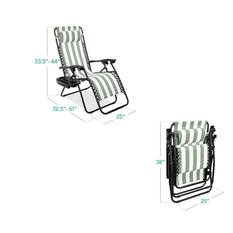  Set Of 2 Zero Gravity Lounge Chair Recliners For Patio, Pool W/ Cup Holder Tray - Sage Striped, Black, Sage Striped