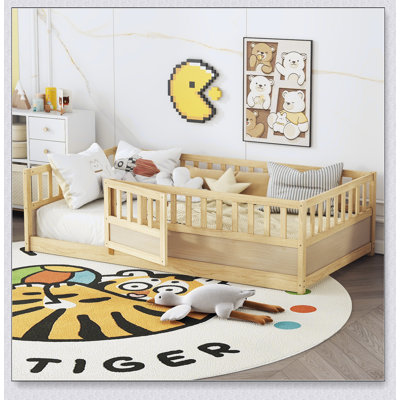 Floor bed, integral construction with super high security barrier, door, children's floor bed frame, Montessori wooden children's floor bed, Support