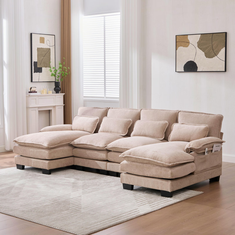 Canapé en U en forme de nuage, canapé en chenille moderne avec méridienne double, canapé confortable avec siège profond, appartement