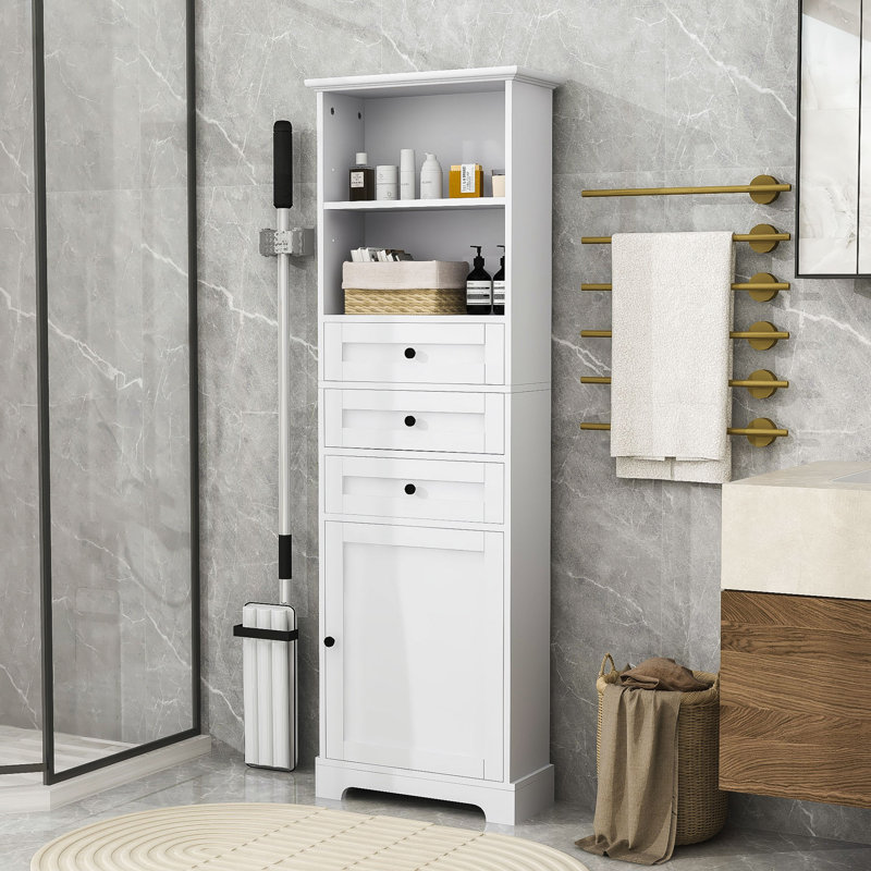 Flanning Freestanding Bathroom Cabinet, Tall Storage Cabinet with Drawers and Adjustable Shelves, White