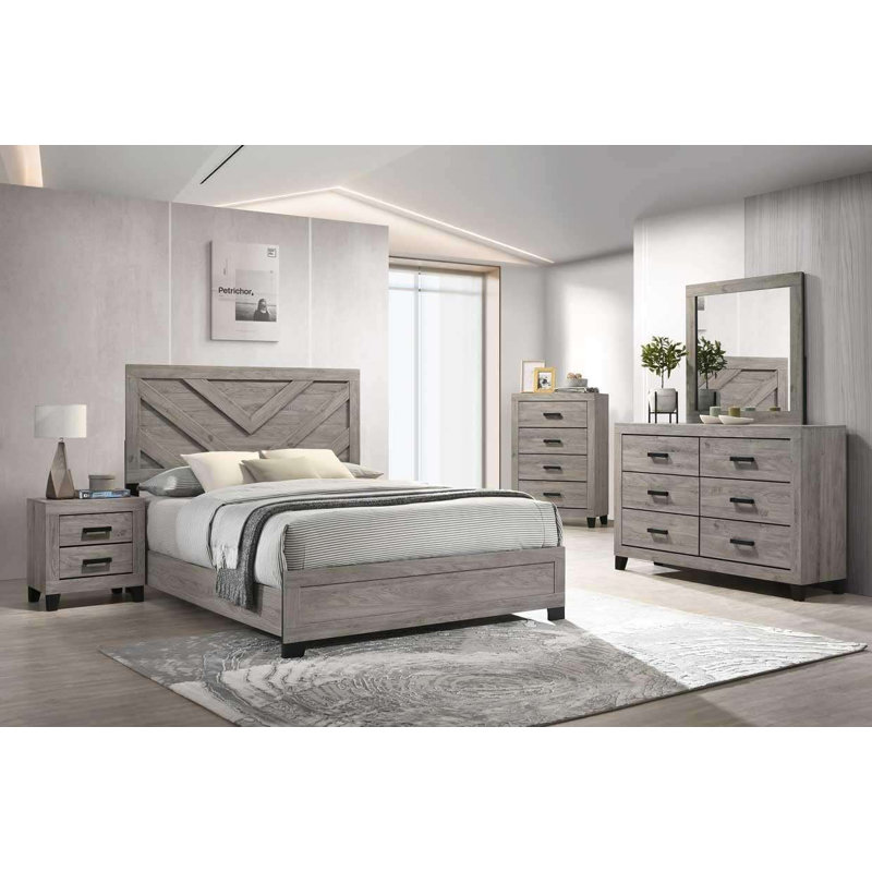 King 6-Piece Transitional Light Gray Bedroom Set with Chevron Headboard, Dresser, Mirror, Chest, and 2 Nightstands, King