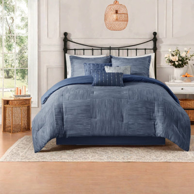 Modern Navy Seersucker Bedding Sets, 7-piece Microfiber Comforter Set For Home