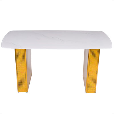 Modern Rectangular Tempered Glass Dining Table, Marble-Patterned Design with Gold Dual-Pedestal Metal Base, Ideal for Dining Room & Home Office