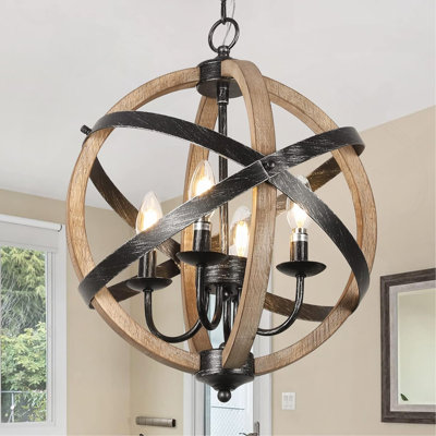 Adjustable 4-Light Dining Room Light Fixtures Height Rustic Wood Light Fixtures Ceiling Hanging For Kitchen