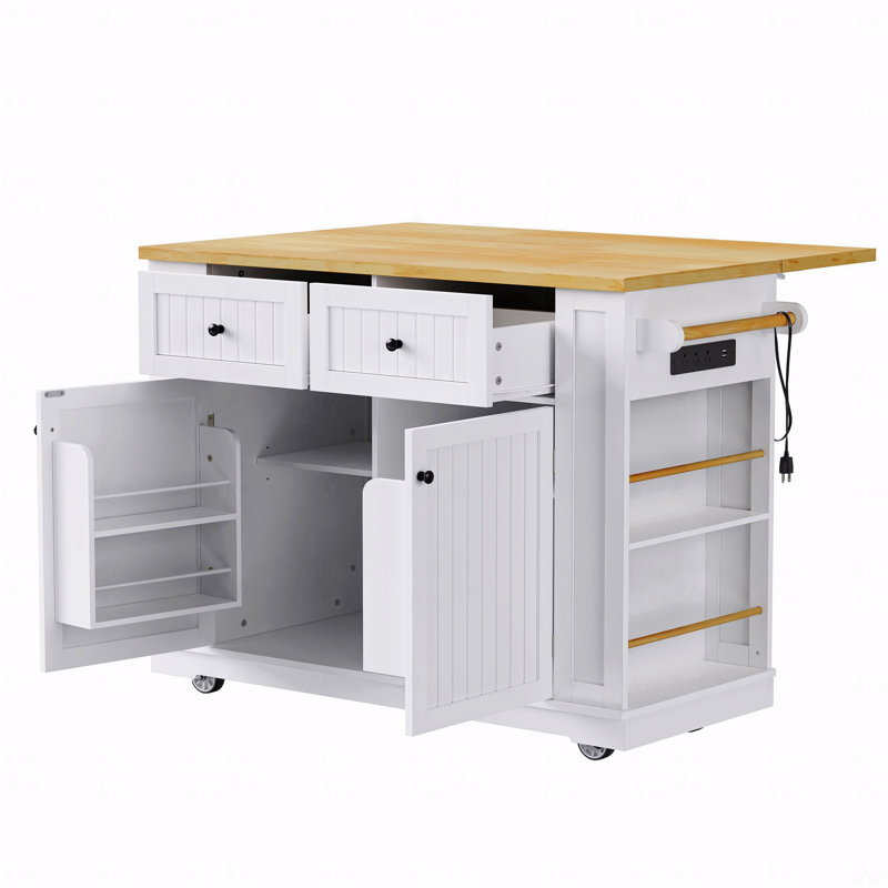 48Inch Large Kitchen Island With 2 Bar Stools, Power Outlet, Door Internal Storage Rack, Kitchen Storage Cart On 5 Wheels With Drop Leaf, 5 Open Side Racks, 2 Drawers