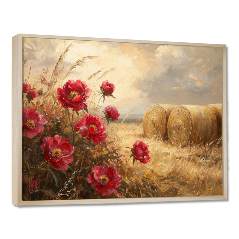 Pivoines de charme champêtre près des balles de foin II - Art mural floral, H 24 po x l 32 po, Wrapped Canvas