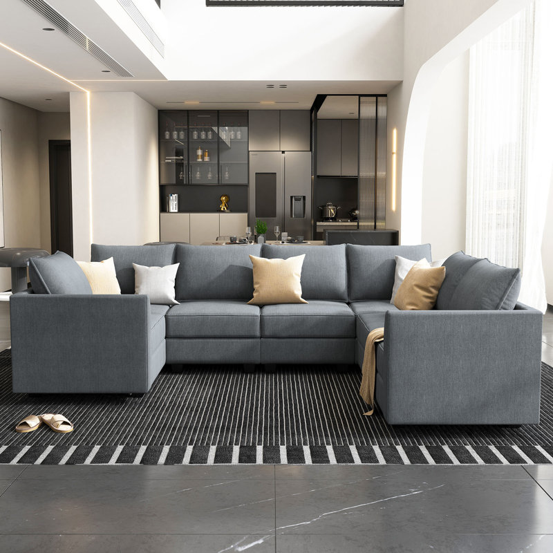 Canapé modulaire rembourré en U avec siège et rangement, Polyester gris bleuté