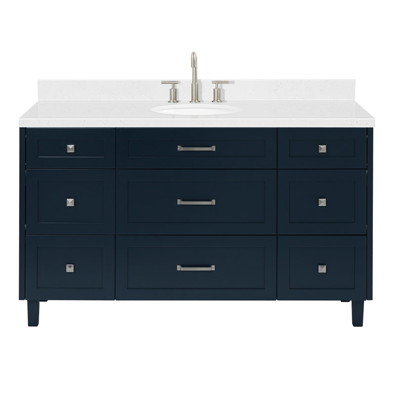 ARIEL Monroe 54 Single Sink Bathroom Vanity with Carrara Quartz Top, Midnight Blue, 60" - 61", Carrara White Quartz