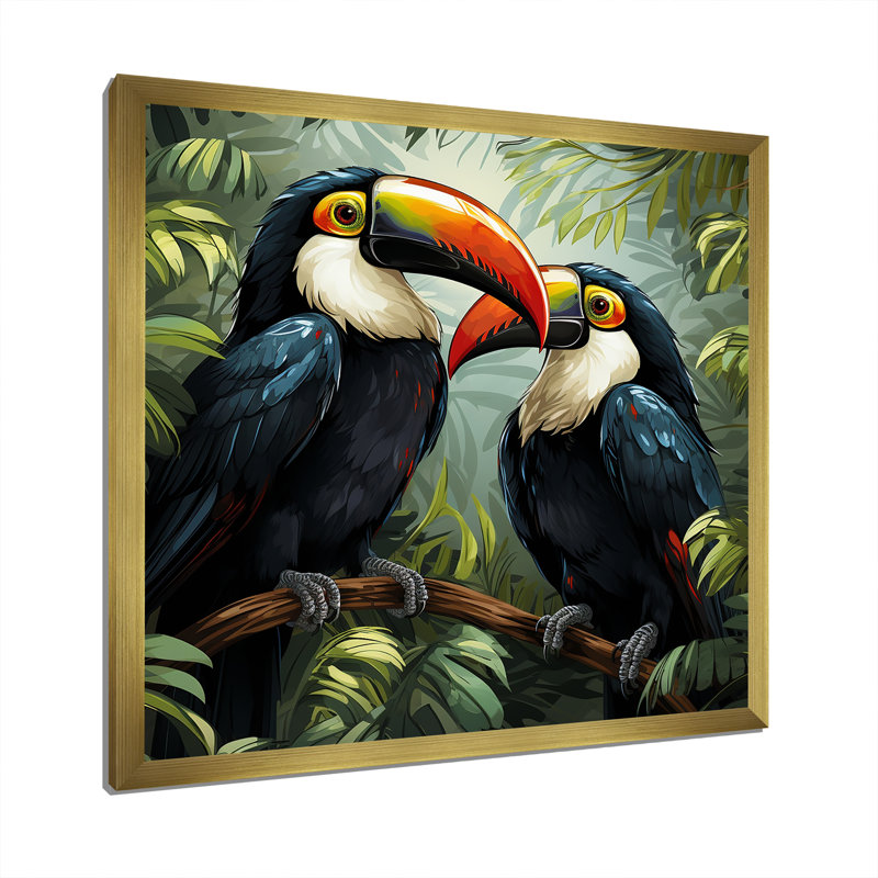 Toucans verts verts - art mural oiseau, Cadre doré simple, H 16 po x l 16 po