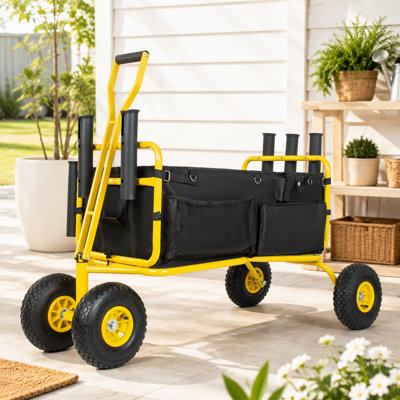 Chariot de pêche, chariot de plage, chariot pliable, roues tout-terrain 9,85 po pour le sable, chariot de jardin robuste avec porte-cannes, porte-parapluie et poches de rangement, grande capacité de 550 lb