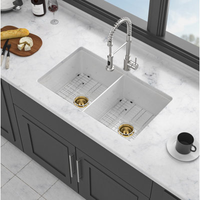 32" Undermount Double Bowl Porcelain Ceramic Kitchen Sink - Dual Mount White Ceramic Rectangular Deep Double Bowl Sink Basin