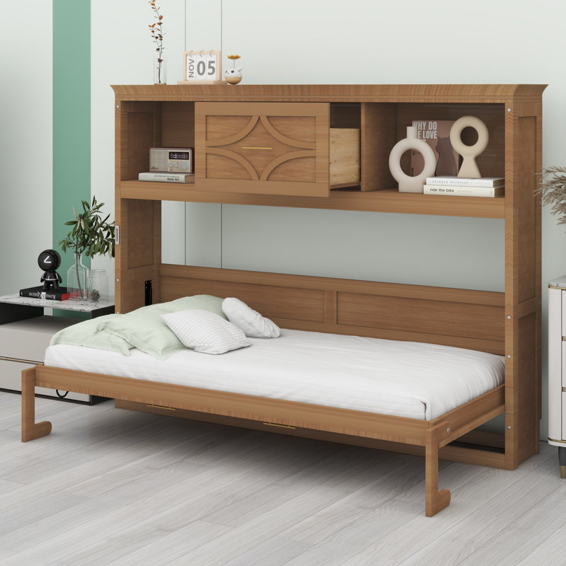 Lit escamotable avec station de charge et tiroir, Bois