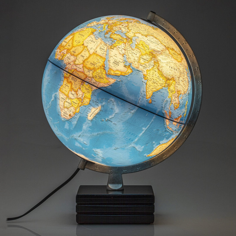 Globe terrestre bleu Aviator 12 po avec base en bois et méridien en métal (non illuminé)