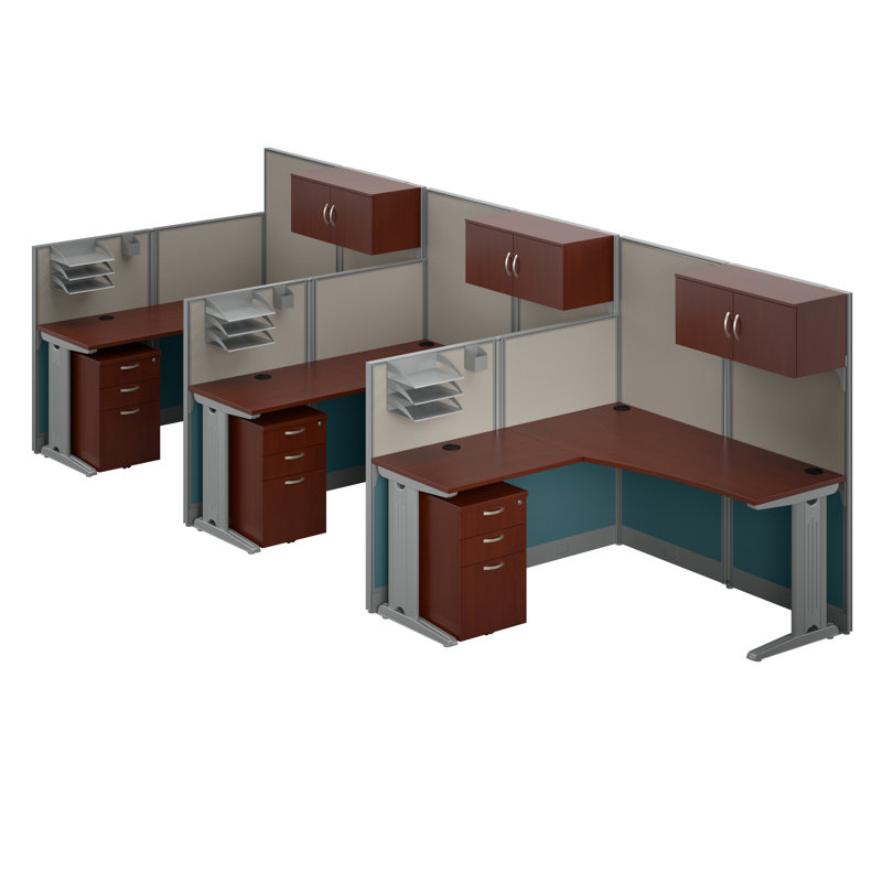 Office In An Hour L-Shaped 3 Person Cubicle with Cable Management, Hansen Cherry